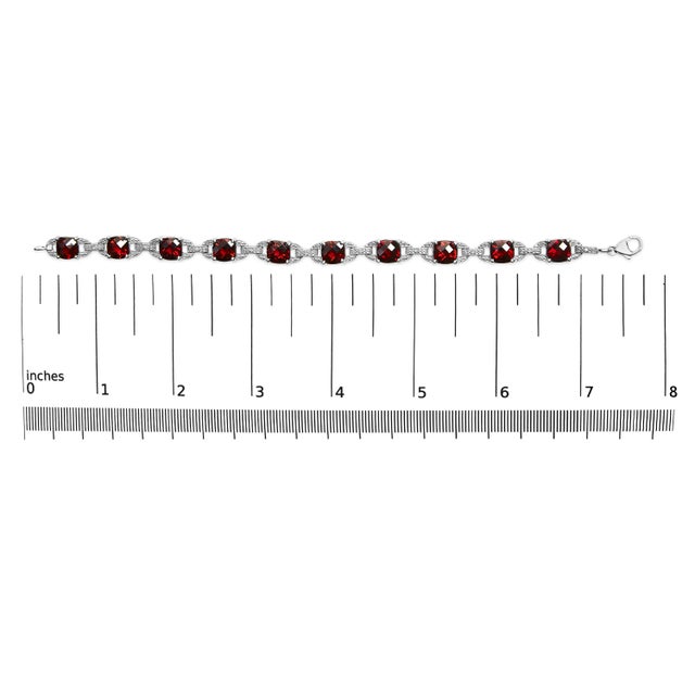 Early 21st Century .925 Sterling Silver 7x7mm Checkered Cushion Red Garnet and Diamond Accent Fashion Tennis Link Bracelet - Size 7" Inch For Sale - Image 5 of 5