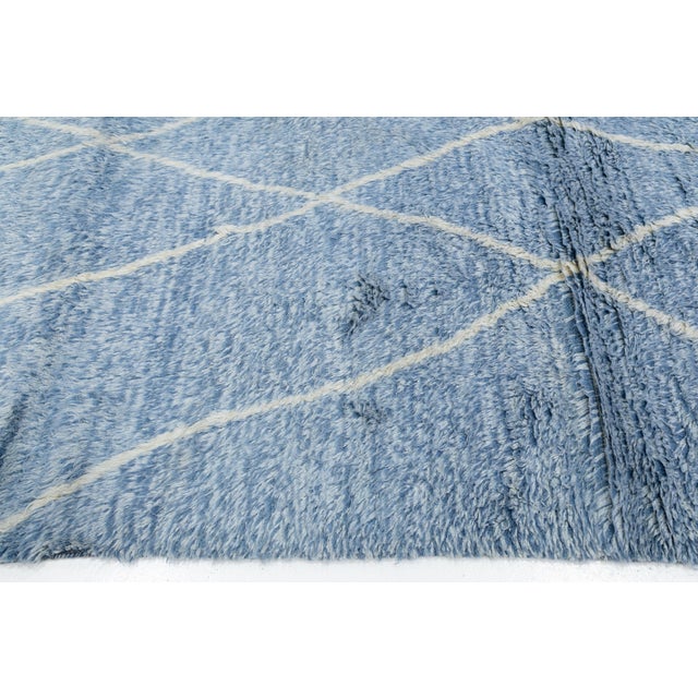 Handmade Moroccan Style Wool Rug With Soft Lattice Geometric in Denim Blue 8x10 For Sale In New York - Image 6 of 12