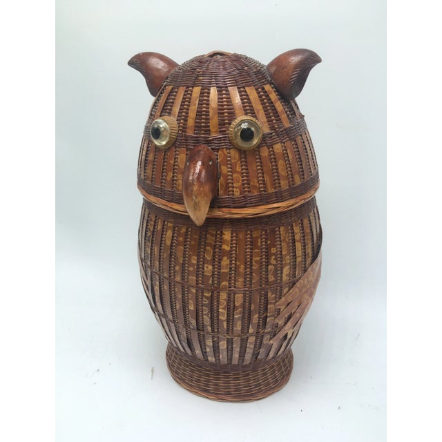 Vintage Boho Chic Style Lidded Cane Owl Basket For Sale - Image 9 of 9