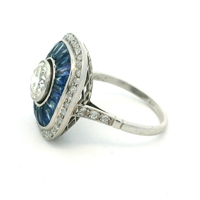 Blue Art Deco Platinum 1 Carat Diamond Calibré Sapphire Target Ring, Size 6.75 For Sale - Image 8 of 14