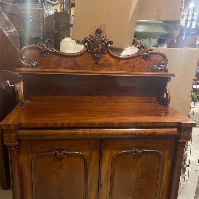 Antique Flame Mahogany William IV / Regency Chiffonier, would make an incredible bar cabinet as the upper shelf would hold...