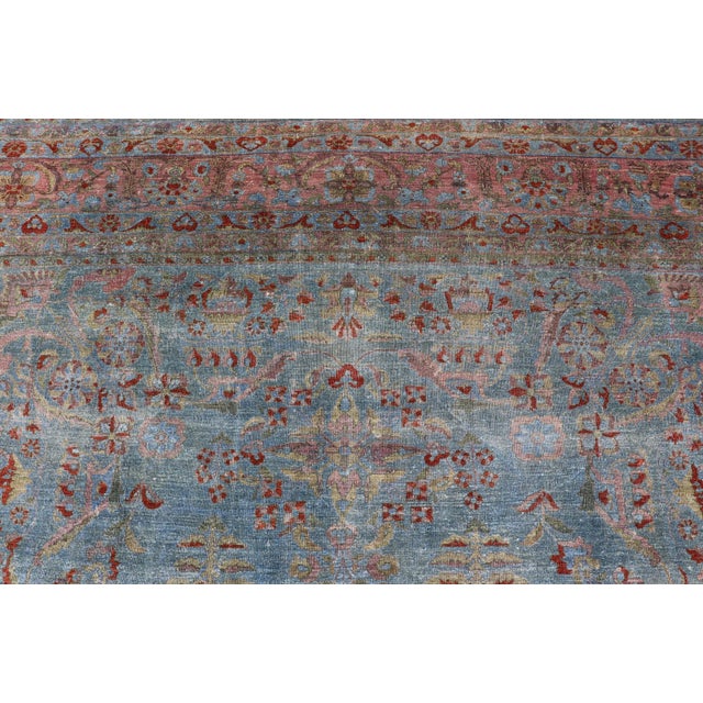 Textile Blue Background Antique Persian Mohajerah Rug With Salmon, Blue, Green, and Red For Sale - Image 7 of 15