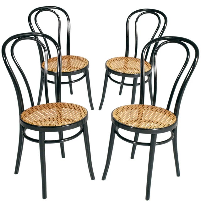 Brown Dining Chairs in Curved Beech & Vienna Straw Seat by Michael Thonet for Thonet, 1940s, Set of 4 For Sale - Image 8 of 8