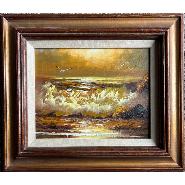 Vintage, impressionist style, sunset seascape oil painting in vintage wood frame. Signed to the lower right. Painting...