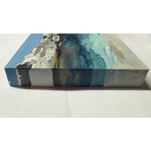 9" W x 7.25" H x 2.0" D An exceptional small-scale original painting that masterfully balances a soft modernist aesthetic...