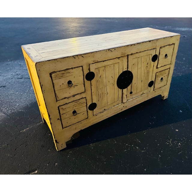 Mid 20th Century Mid 20th Century Asian Ming Style Distressed Butter Yellow Sideboard/Buffet For Sale - Image 5 of 10