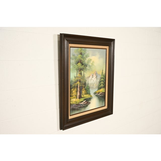 Bob Ross Style Original Signed Lakeside Mountain Landscape Oil Painting in Carved Wood Frame For Sale - Image 4 of 16