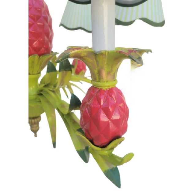 Vintage Custom Hand Painted Palm Beach Regency Pink Green Pineapple 6 Light Chandelier W/ Striped Shades For Sale - Image 10 of 12