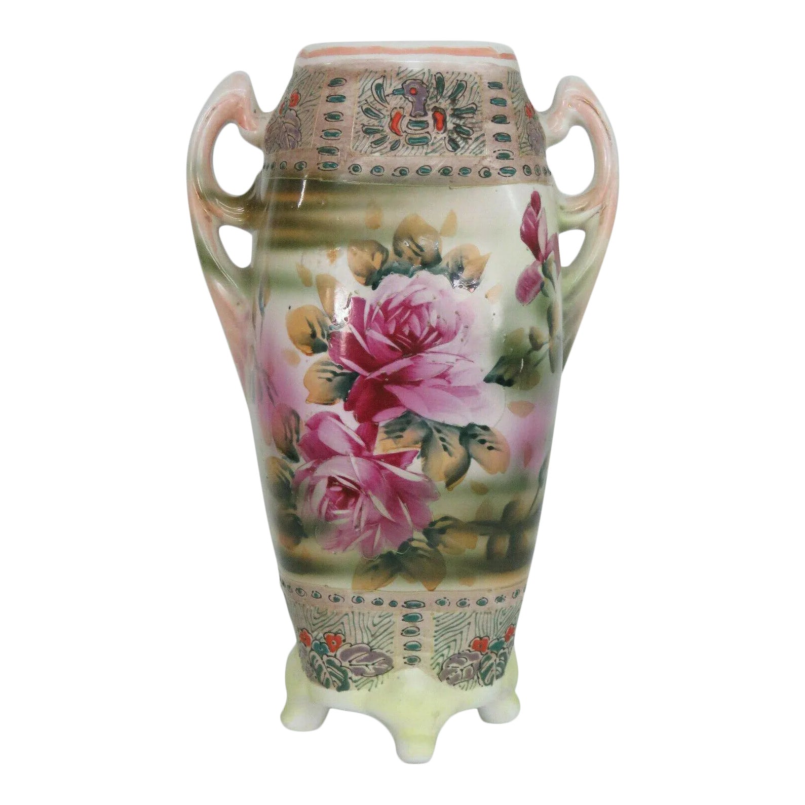 Royal Nishiki Nippon Hand Painted Flowers and Peacock Footed 2 Handled