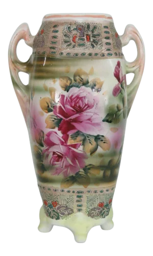 Royal Nishiki Nippon Hand Painted Flowersnd Peacock Footed 2 Handled Vase