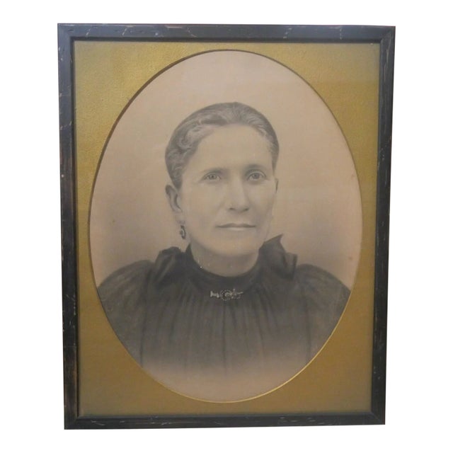 Early 20th Century Victorian Mourning Widow Framed Charcoal Portrait Drawing For Sale