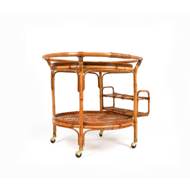 Mid-Century Rattan and Bamboo Round Serving Bar Cart, Italy 1960s For Sale - Image 4 of 18