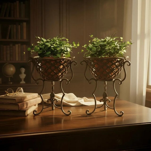 Mid-Century Modern Vintage Traditional Openwork Wrought Metal Basket Pillar Candle Holders or Plant Stands- A Pair For Sale - Image 3 of 7