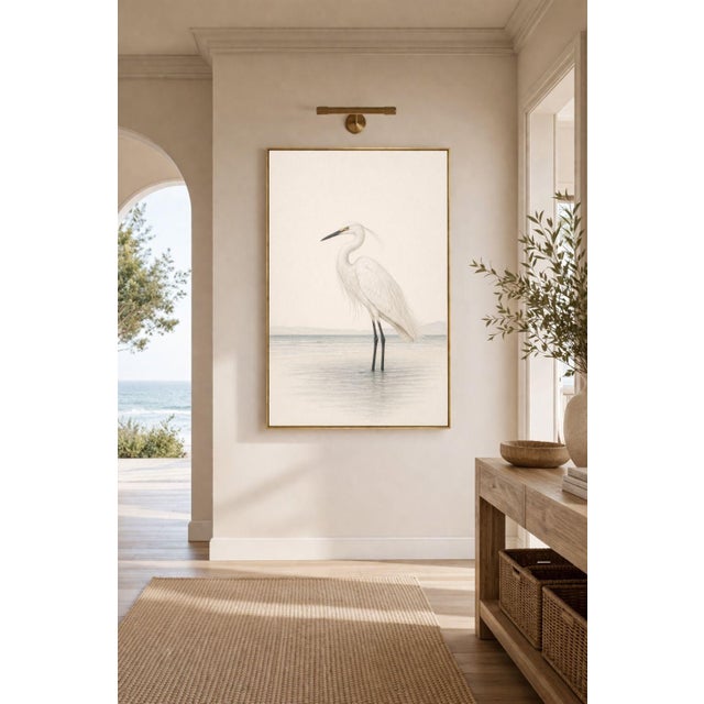 Contemporary White Egret Coastal Study, Neutral Bird Wall Art Print, 24″ × 36″ Reproduction For Sale - Image 3 of 10