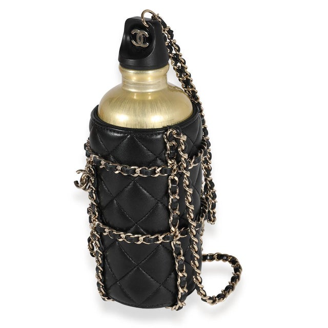 Contemporary Gold Metal Water Bottle & Black Quilted Lambskin Holder For Sale - Image 3 of 7