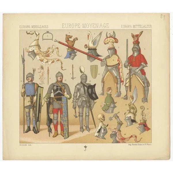 Antique print titled 'Europa Middle Ages - Europe Moyen Age - Europa Mittelalter'. Chromolithograph of European Middle...