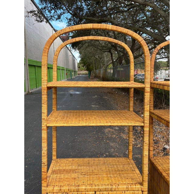 Wood Vintage Burnt Woven Bamboo Etagere Pair - Arched Palm Beach Regency For Sale - Image 7 of 8