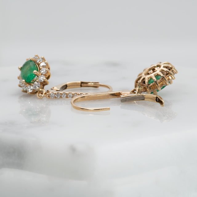 Metal Zambian Emerald Earrings With Natural Diamonds Accents: Solid 14k Gold, 6x4mm, A Pair For Sale - Image 7 of 7