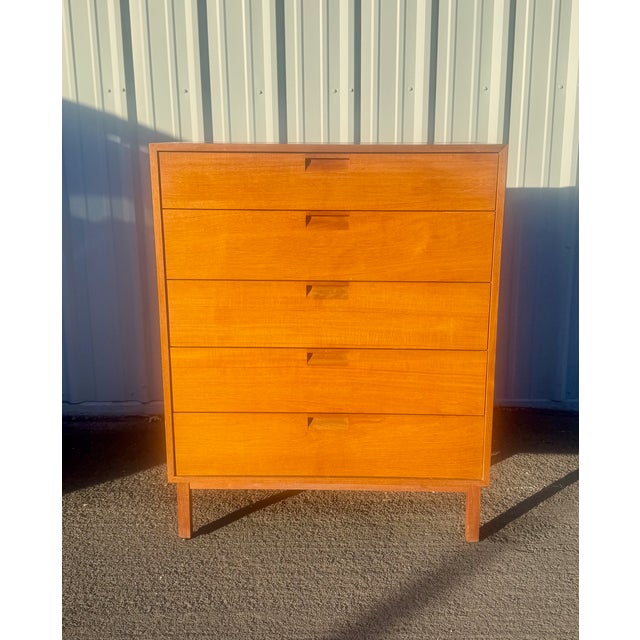 Vintage 1960's walnut five-drawer highboy by Milo Baughman for Directional Furniture. Gorgeous wood grain and rececessed...