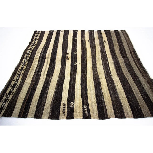 Mid-Century Modern Striped Ivory & Brown Natural Kilim Rug-6'8'x7'1" For Sale - Image 3 of 7