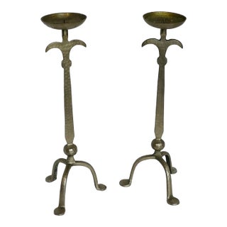 Vintage Hammered Steel Pricket Candlesticks a Pair For Sale