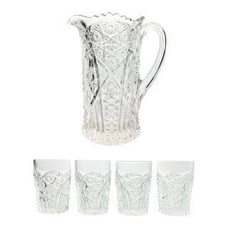 1910s Antique McKee “Fentec (Clear)” 5-Piece Pitcher & Tumbler Glasses Set For Sale