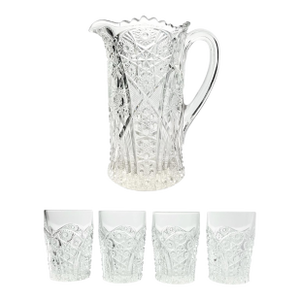 1910s Antique McKee “Fentec (Clear)” 5-Piece Pitcher & Tumbler Glasses Set