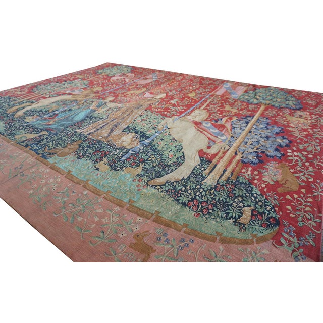 Victorian 1875s Antique Red Tapestry Scene Pictorial Medieval Romance European Flat Weave For Sale - Image 3 of 13