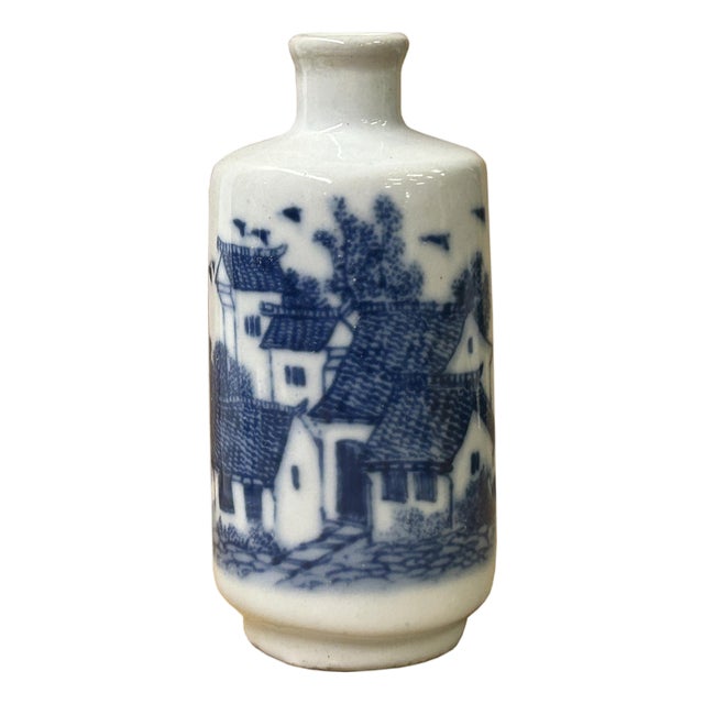 Small Blue White Handpaint Scenery Graphic Porcelain Vase For Sale