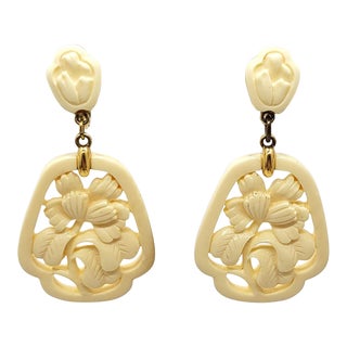 Vintage Signed Crown Trifari Lotus Flower Drop Clip Earrings - 2 Pieces For Sale