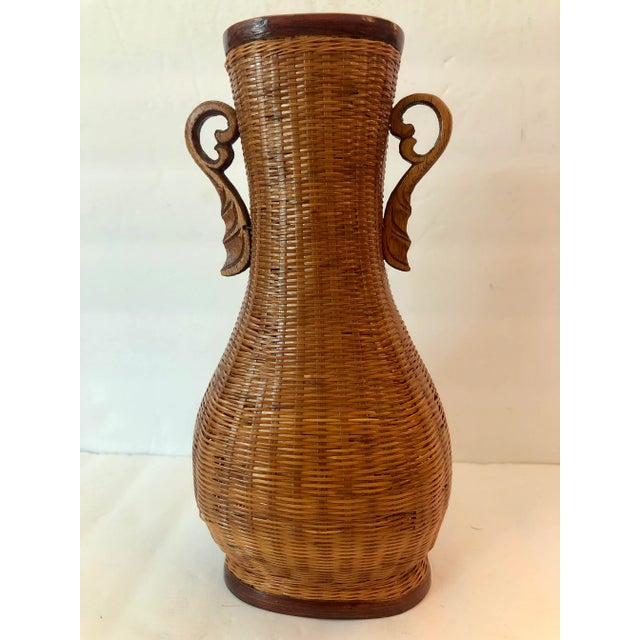 Brown Mid 20th Century Wicker Rattan Footed Bud Vase With Handles For Sale - Image 8 of 9