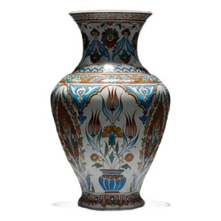 Handmade Ceramic Iznik Vase (Faceted Form) Russet Brown and Turquoise Floral For Sale