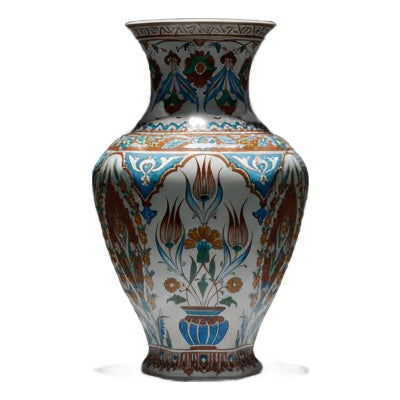 Handmade Ceramic Iznik Vase (Faceted Form) Russet Brown and Turquoise Floral For Sale