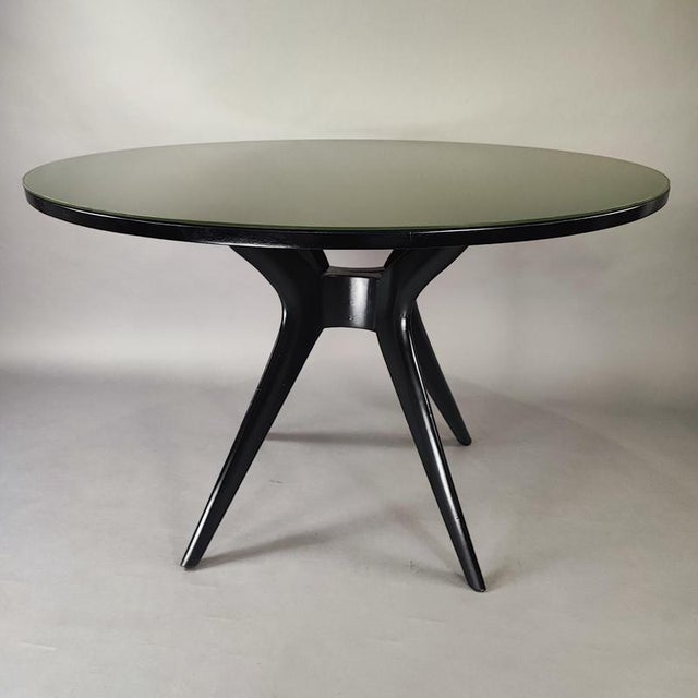Glass Italian Round Black Lacquered Table with Olive Green Glass Top, 1950s For Sale - Image 7 of 8
