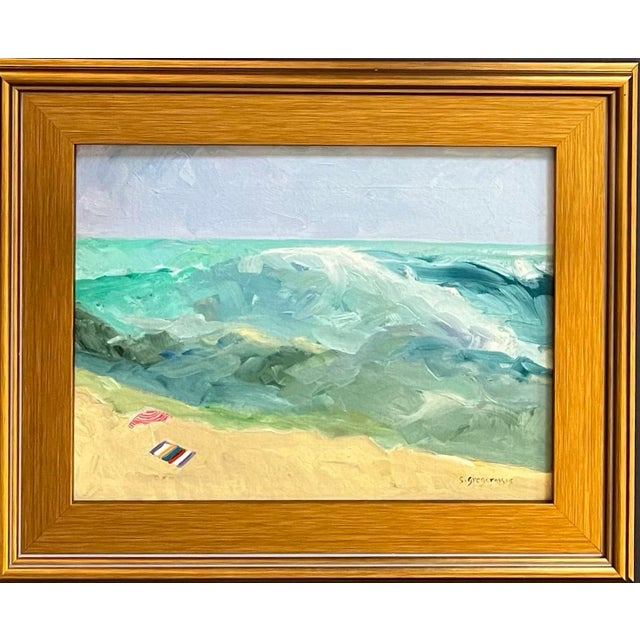 Oil painting on canvas laid down on board of a breaking wave about to crash onto the shore toward a vulnerable beach...