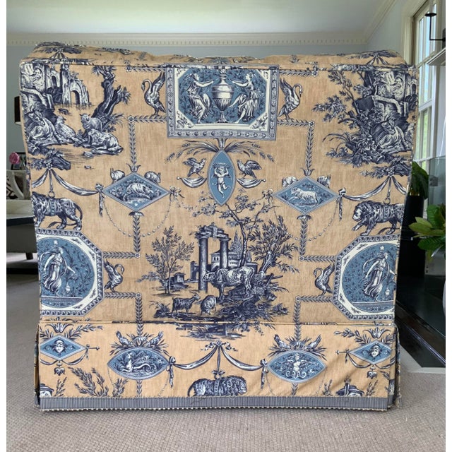 Manuel Canovas Custom Pierre Frey Braquenié Beige & Blue Toile Club Chair With Manuel Canovas Trim For Sale - Image 4 of 11