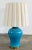 Vintage Mid Century Modern turquoise ginger jar table lamp with scalloped shade. Base rimmed with brass. Measure to top of...