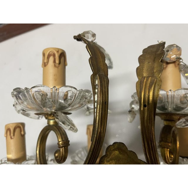 1950s Large Bronze and Crystal Wall Sconces, Italy, 1950s, Set of 2 For Sale - Image 5 of 15
