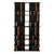 A sculptural shelving unit featuring alternating hand-rubbed black horizontal planes and warm teak vertical dividers,...