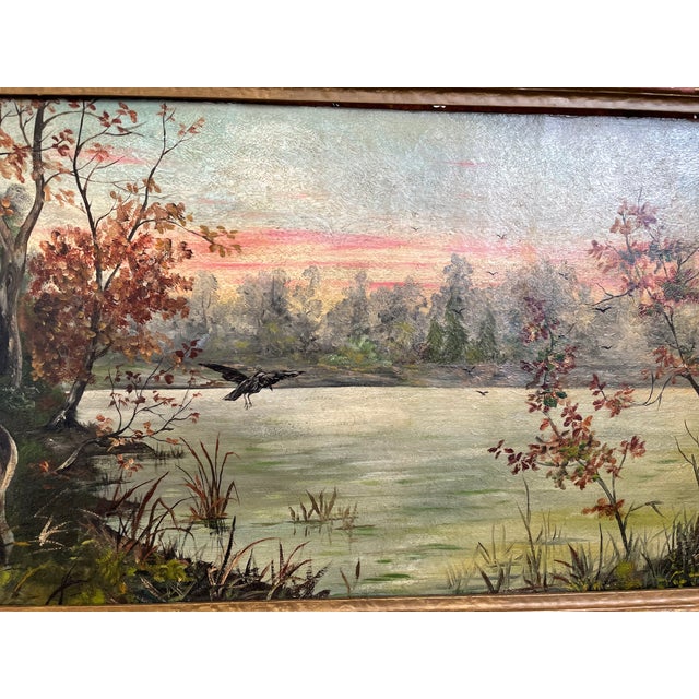 Early 19th Century Lake & Woods Landscape Oil Painting With Deer and Birds For Sale - Image 4 of 12