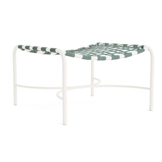 Brown Jordan Kantan Aluminum Ottoman in Chalk with Spa Suncloth Strapping For Sale