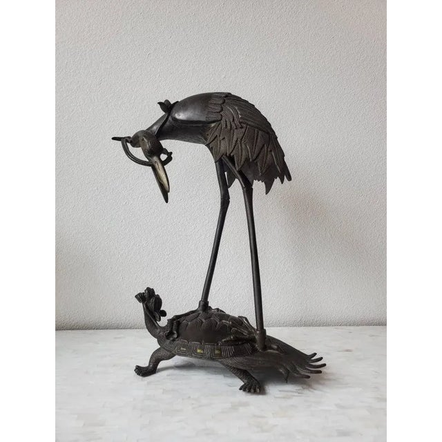 Mid-Century Japanese Bronze Heron Tortoise Sculpture For Sale - Image 10 of 11