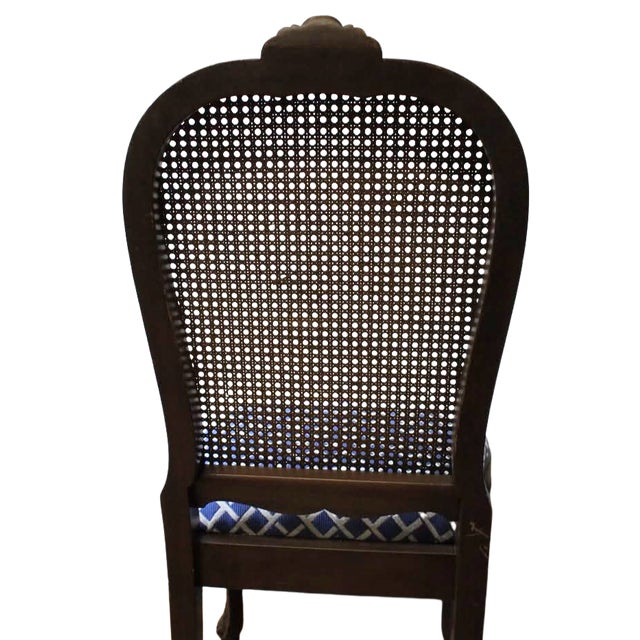 1970s Pair of Vintage French Provincial Cane Back Dining Chairs With Blue Upholstered Seats For Sale - Image 5 of 7