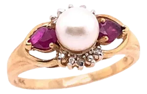 14 Karat Yellow Gold Pearl Solitaire Ring With Ruby and Diamond Accents