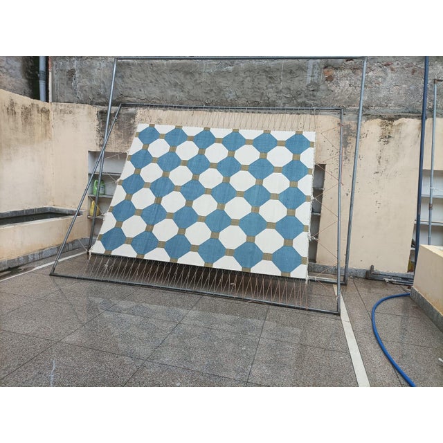 Handmade Cotton Flat Weave Area Rug, Teal Blue, Cream and Olive Green Tile Dhurrie - 8'x10' For Sale - Image 11 of 13
