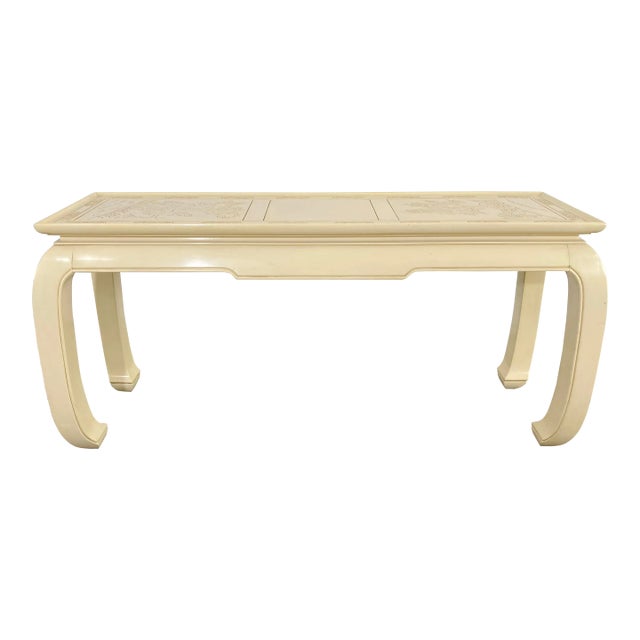 Vintage Chinoiserie Style Carved Faux Goatskin Ming Leg Console Table For Sale