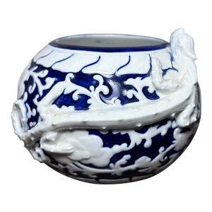 1885 English Victorian Royal Worcester Porcelain Japanesque Style Porcelain Brush Washer Form White/Cobalt Blue Raised Relief Dragon Motif Rotund Vase