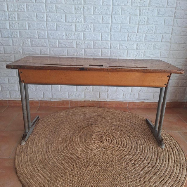 Industrial Vintage Two Seats School Desk in Blonde Oak, 1960s For Sale - Image 3 of 18