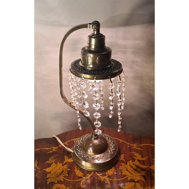 1920s Antique Brass Lamp with Crystal Pendants, 1900s-1920s For Sale - Image 5 of 8