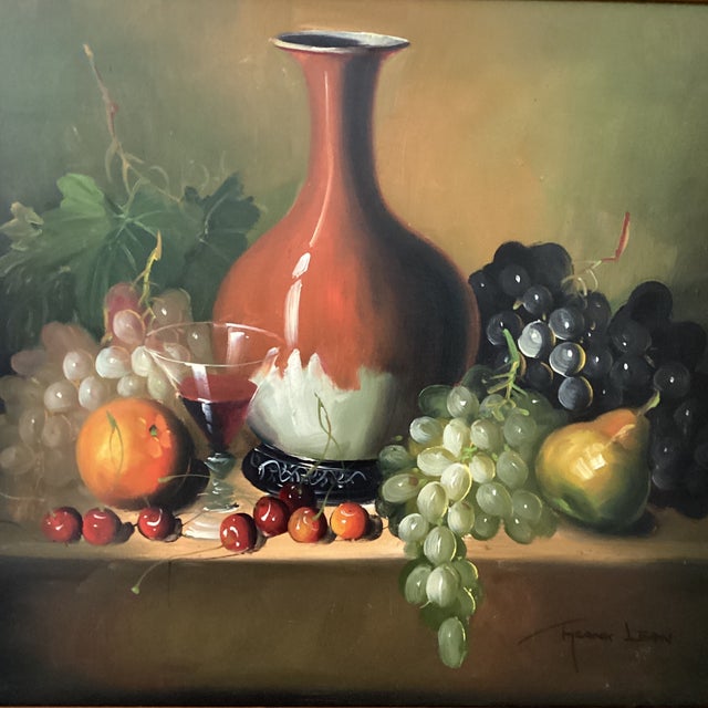 Realistic Painting on Canvas Still Life Fruit and Pottery Composition by Frank Lean Framed Circa 1960s For Sale - Image 12 of 12